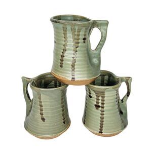 Set of 3 Artist Signed RY? Studio Pottery Mugs Green Brown Dripping Very Unique